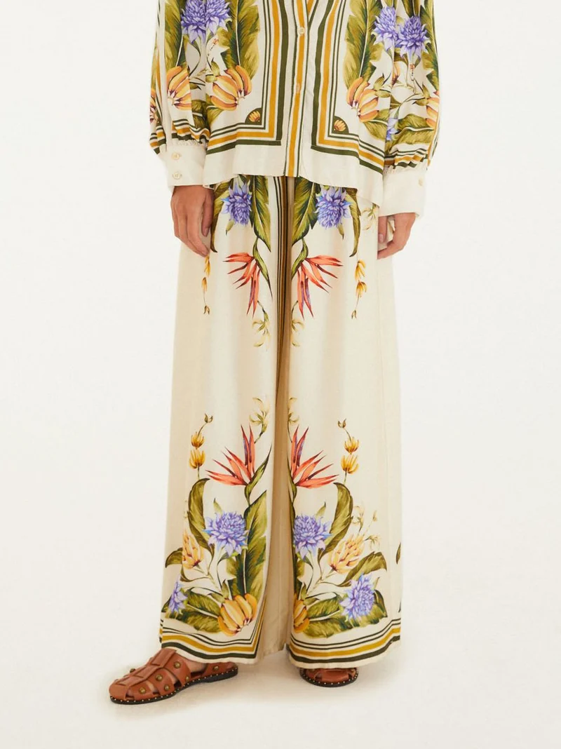 Exquisite Satin Floral Print Wide-leg Pants