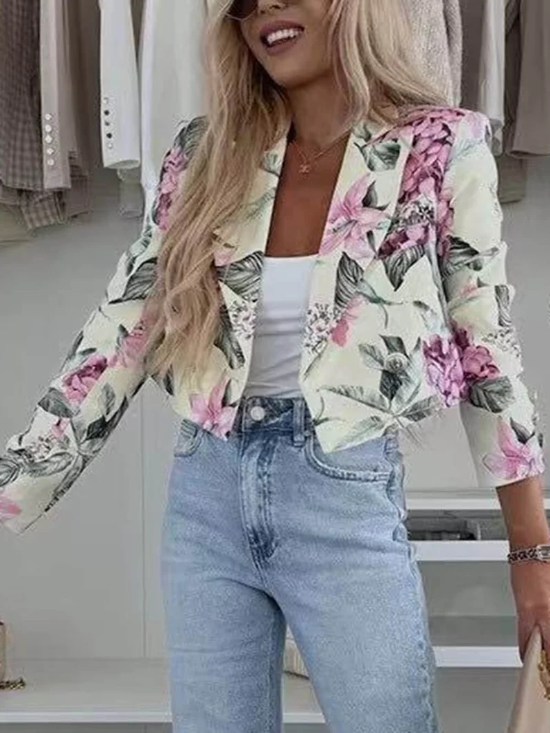 Stylish Botanical Print Cropped Blazer