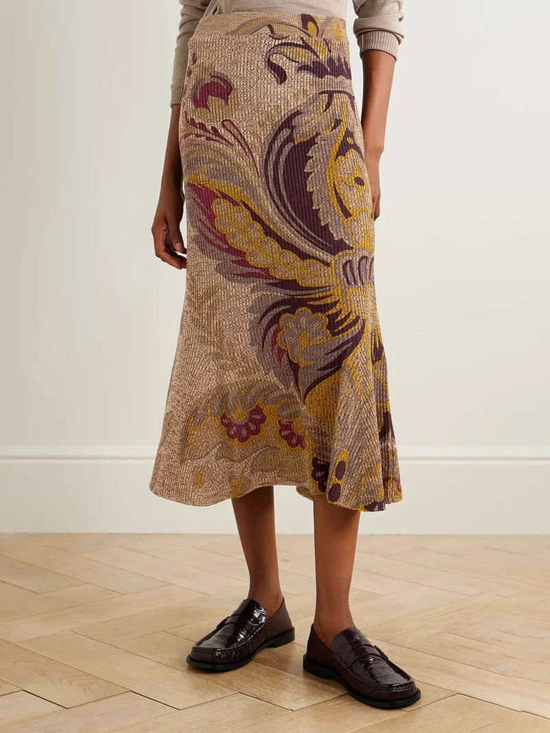 Fashion Paisley Print Gradient Knit Midi Skirt