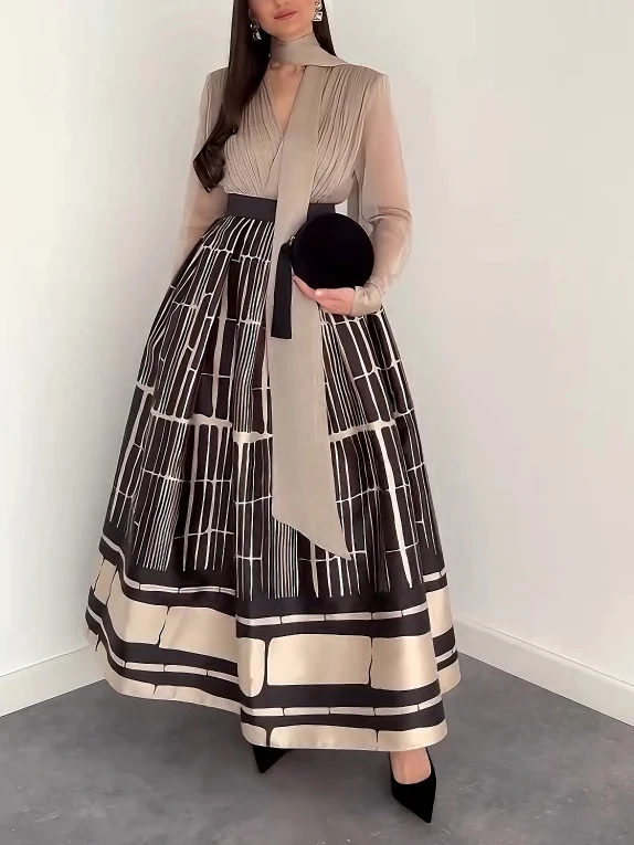 Elegant Satin Printed A-line Skirt Two-piece Set