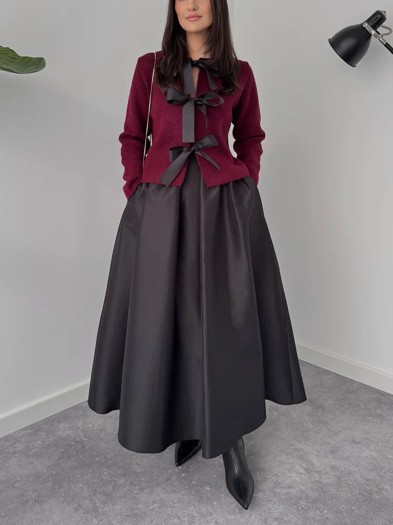 Elegant Bow-Knit Cardigan And A-Line Maxi Skirt Set
