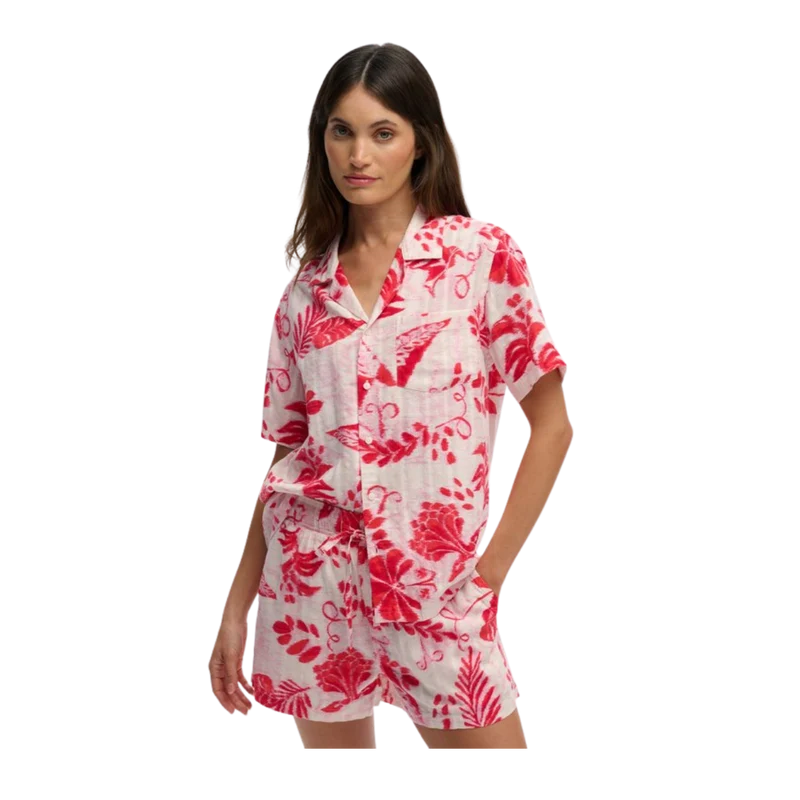 Beach Printed S/S Shirt - Ikat Floral Red