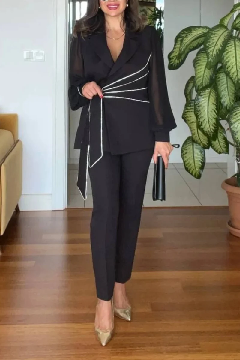 Elegant V-Neck Colorblock Belted Shirt & High-Waist Tapered Pants Set