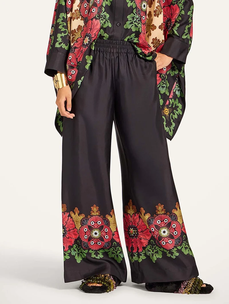 Exquisite Satin Floral Border Wide-Leg Pants