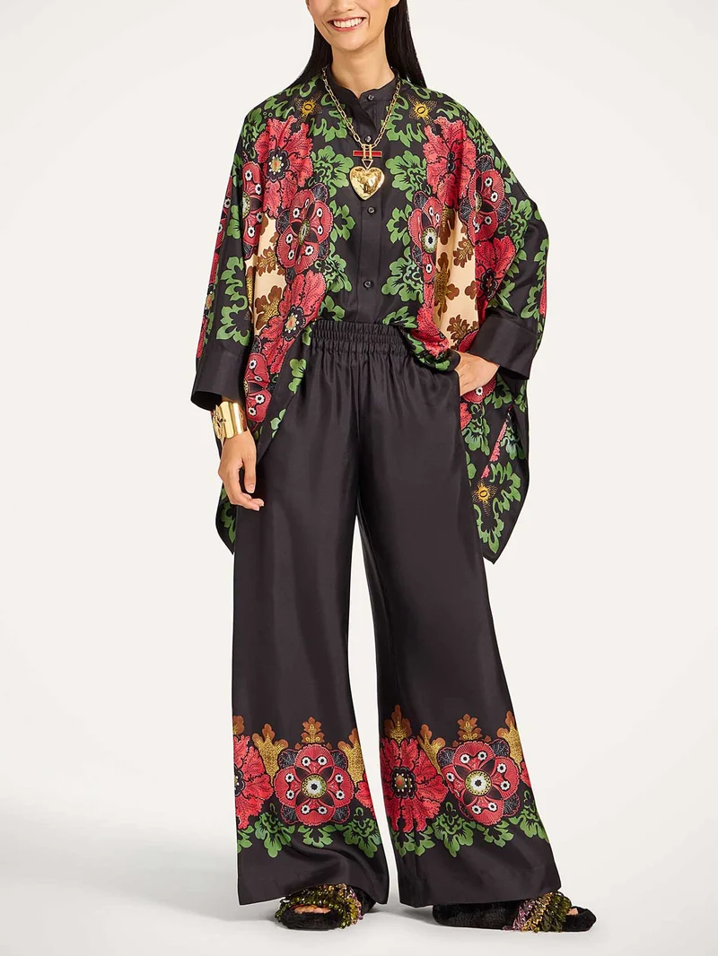 Exquisite Satin Floral Print Kimono Shirt Two-Piece Set