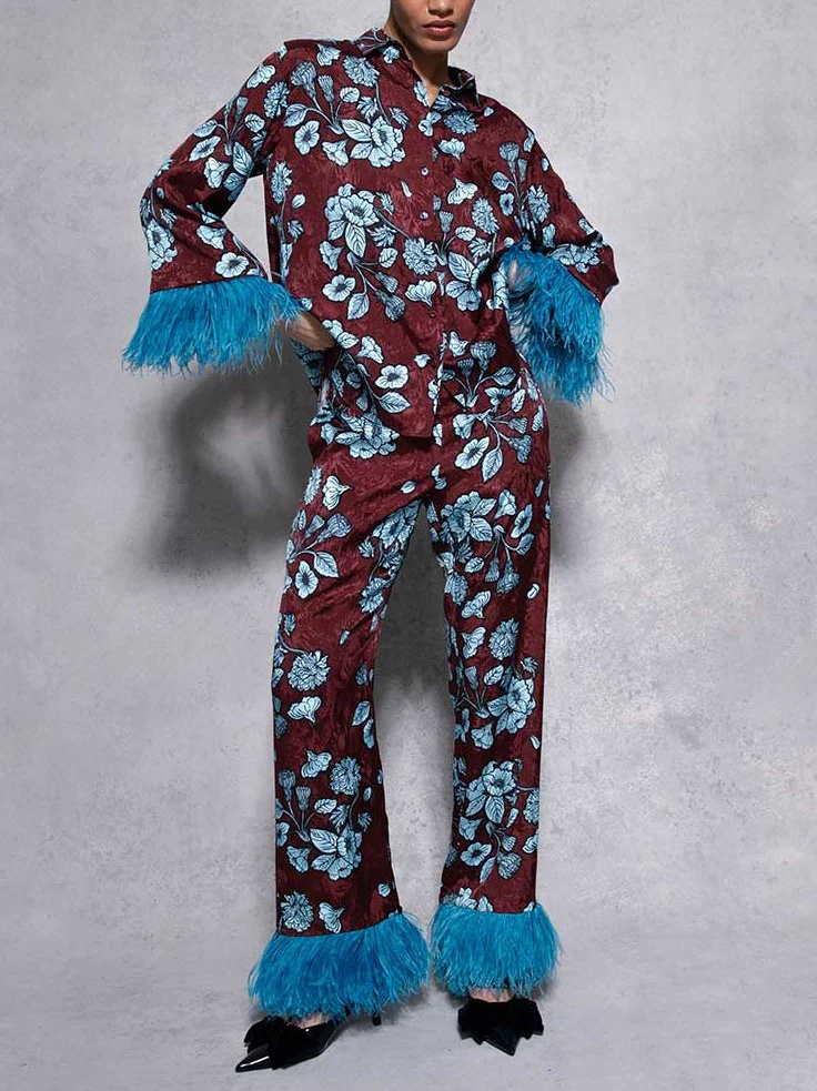 Retro Floral Print Satin Feather Long-sleeved Two-piece Suit