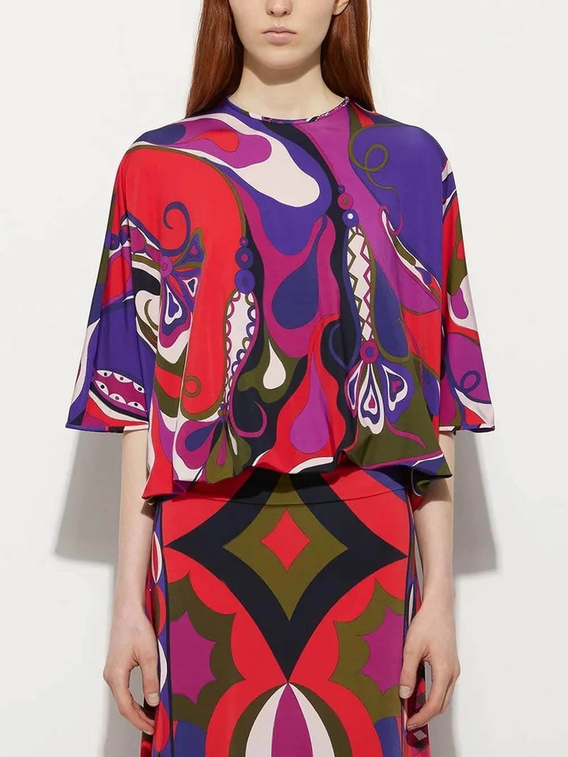 Unique Satin Rainbow Print Round-Neck Tie-Down Loose Blouse