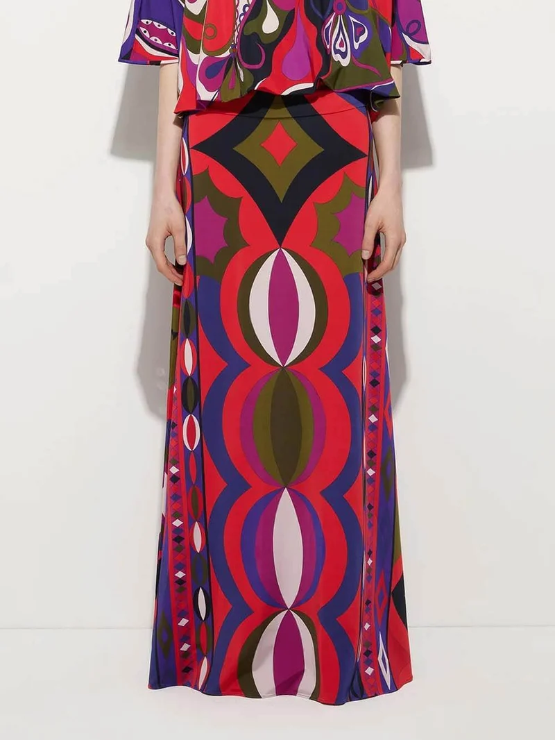 Unique Satin Rainbow Print High-Waisted Maxi Skirt