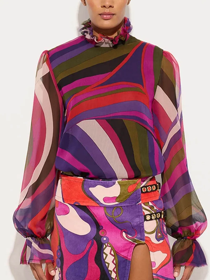 Unique Rainbow Print Lantern Sleeve Blouse