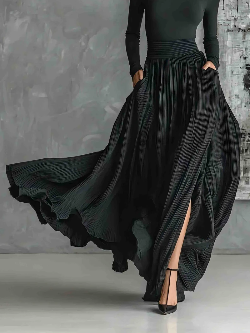 Elegant High Waist Pleated Slit Maxi Skirt