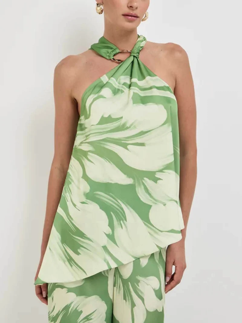 Modern Satin Abstract Floral Print Halter Tank Top