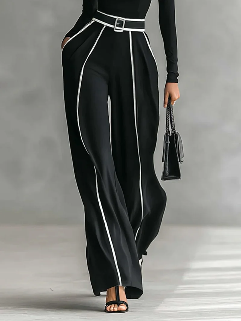Elegant Contrast Trim High Waist Wide Leg Pants