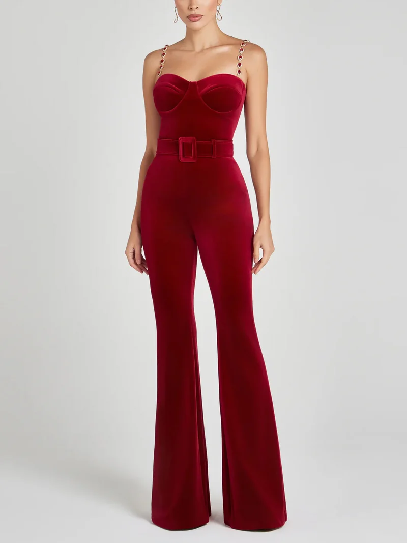 Elegant Velvet Crystal Suspender Red Jumpsuit