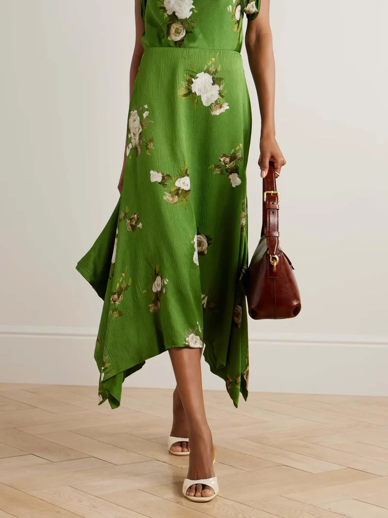 Exquisite Rose Floral Print Satin Irregular Skirt