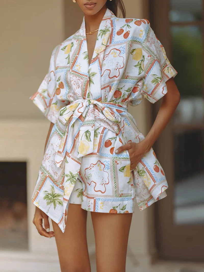 Unique Linen Floral Print Short Loose Top With Tie Pocket Shorts Set