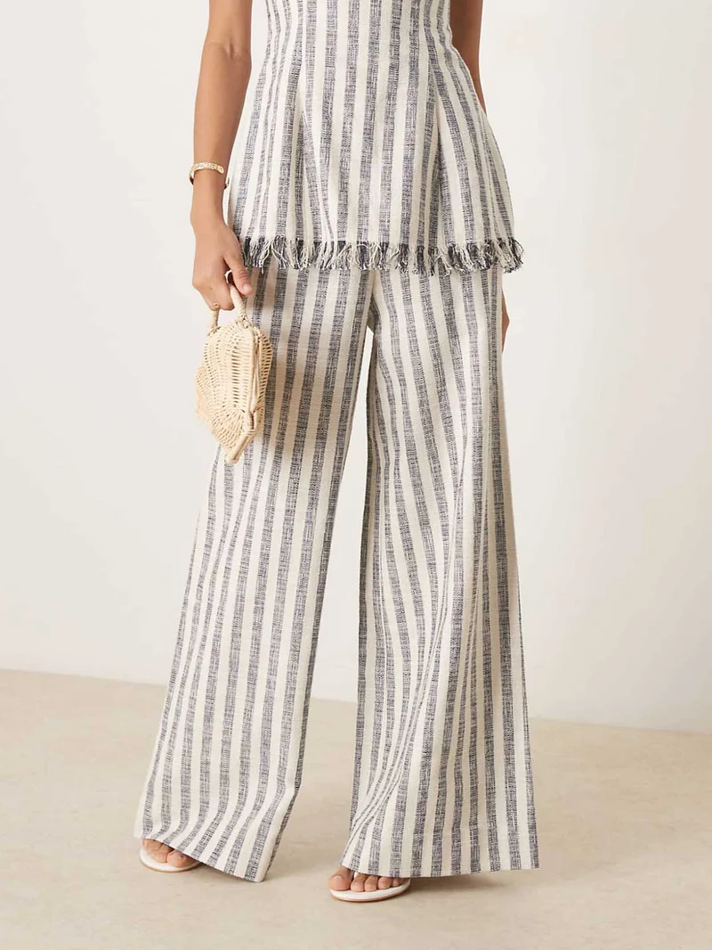 Casual Contrast Color Vertical Stripe High-Waist Wide-Leg Pants
