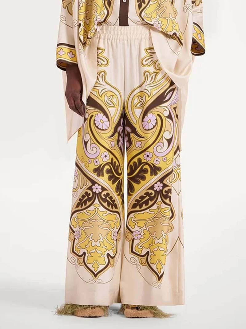 Unique Print Elastic Waist Loose-Fit Pocket Wide-Leg Pants