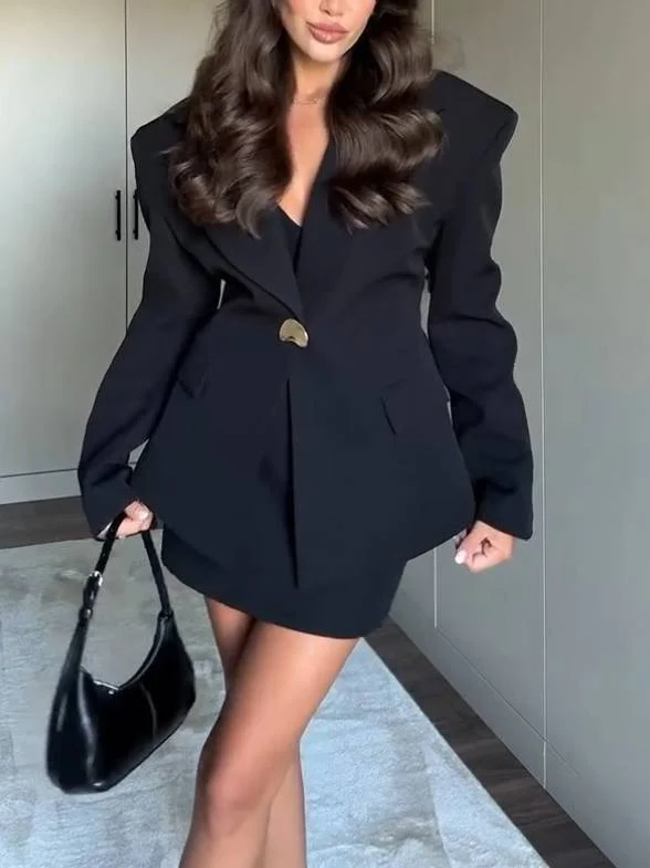 Wide Shoulder Waisted Blazer And Mini Skirt Suit -Skirt