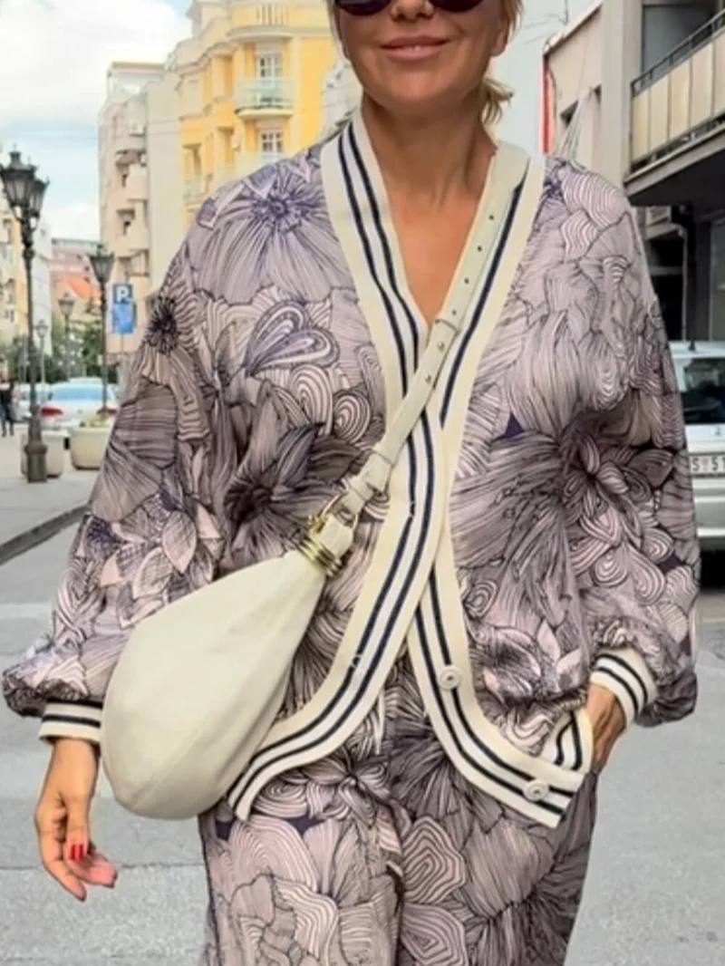 Unique Floral Print Ribbon Spliced V-Neck loose Blouse