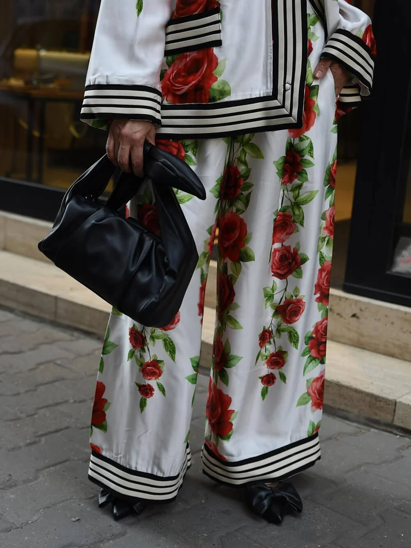 Exquisite Rose Print Ribbon-Trimmed Pockets Elastic Waist Wide-Leg Pants