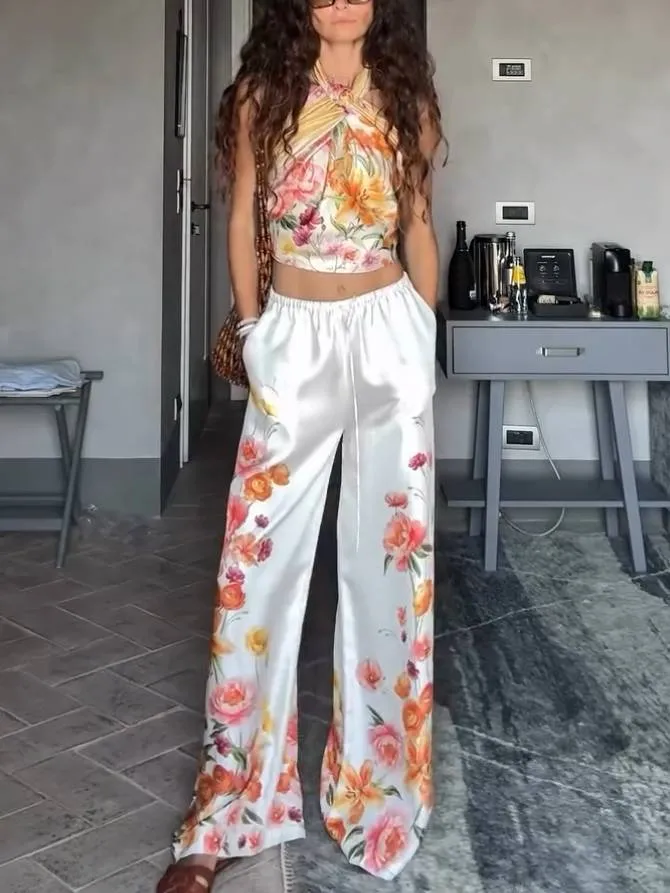 Vacation Style Floral Print Scarf Top And Wide Leg Pants Set-Top
