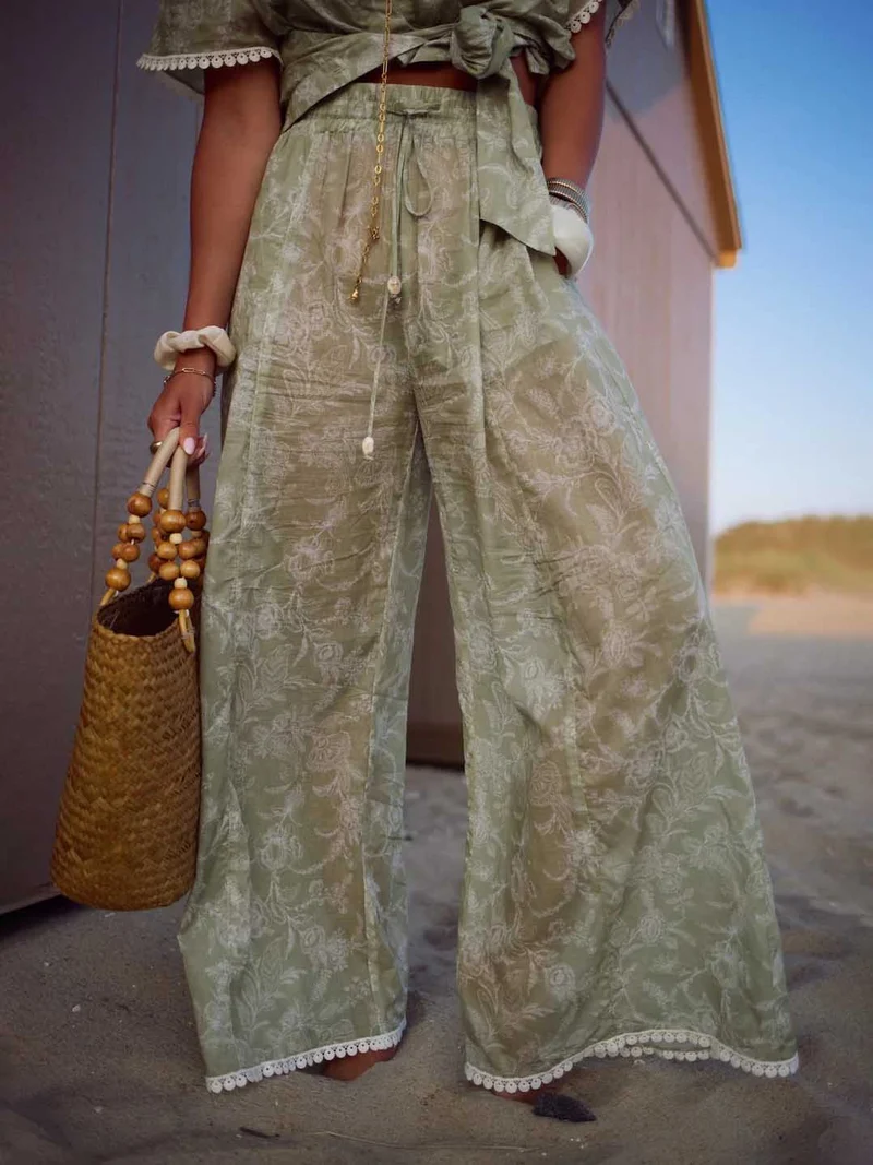 Elegant Wide-Leg Lace-Trimmed Floral Pants