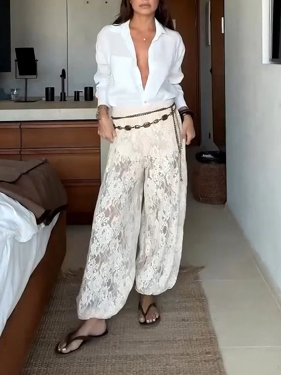 Elegant Sheer Lace High-Waist Harem Pants