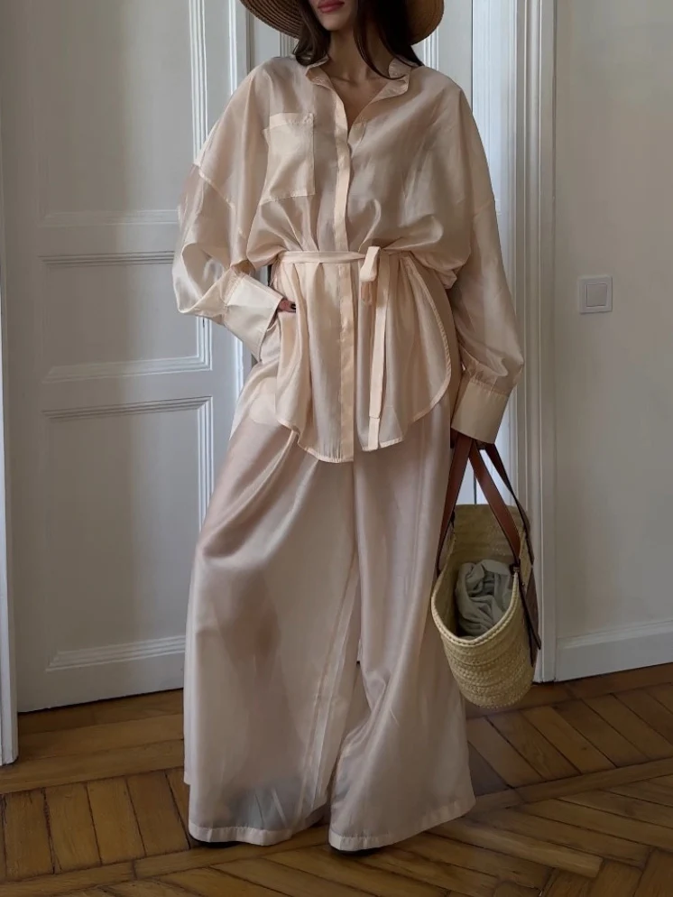Elegant Belted Sheer Long-Sleeved Shirt