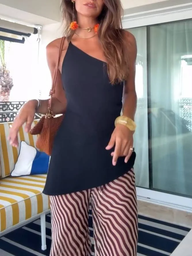 Slant-neck Backless Top And Sstripe Printed Wide Leg Pants Set-Top