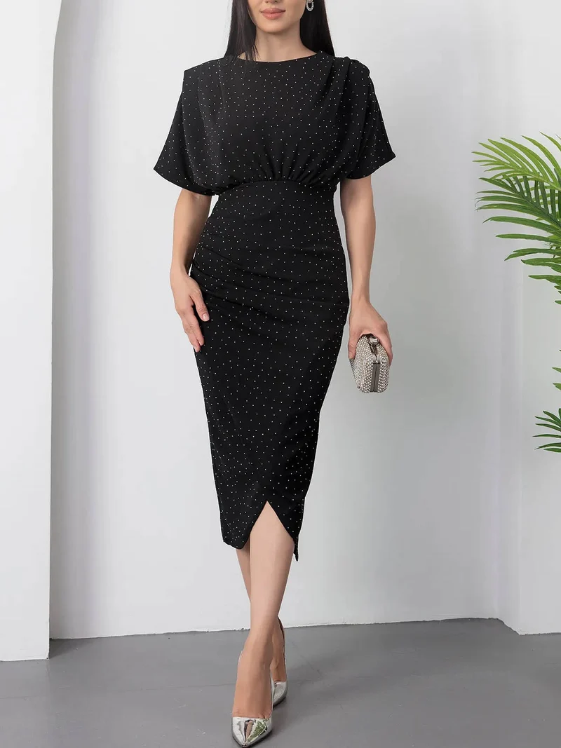 Elegant Round Neck Silver Polka Dot Print Slit Dress