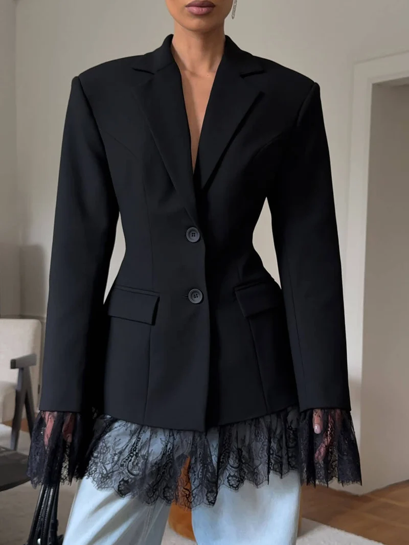 Casual Lace Hem Detail Black Blazer