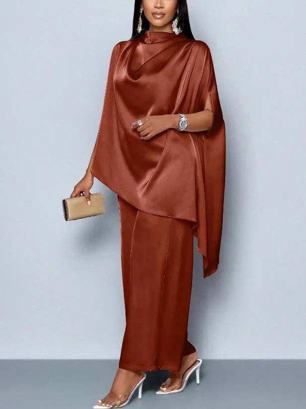 Swing Collar Irregular Hem Shirt And Wide Leg Pants Suit