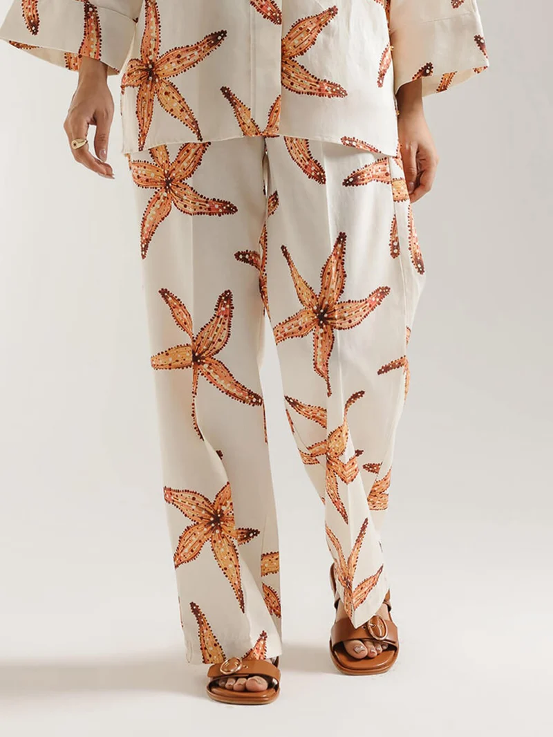 Unique Starfish Print Loose Pocket Straight Pants