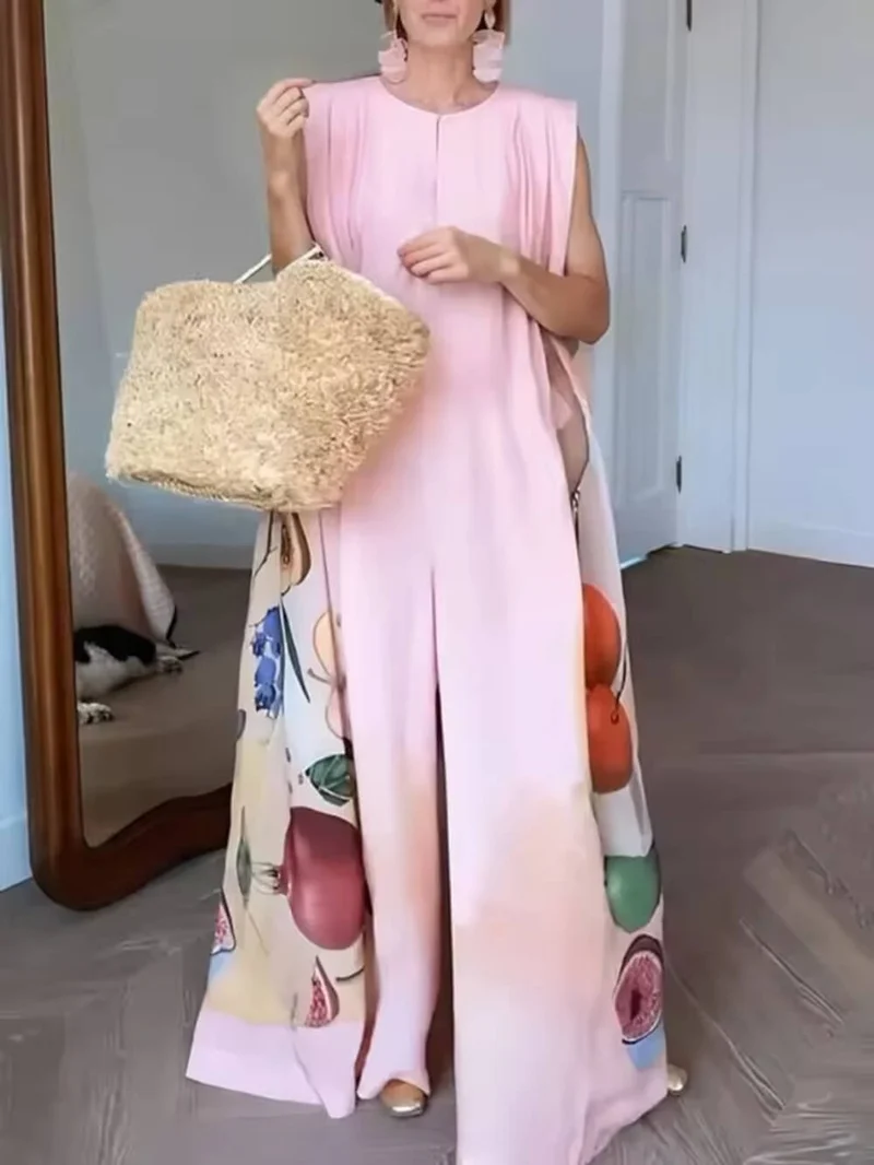 Fashion Fruit Print Sleeveless Wide-Leg Jumpsuit