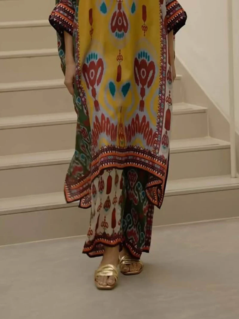 Retro Casual Patchwork Floral Print Loose Straight-Leg Pants