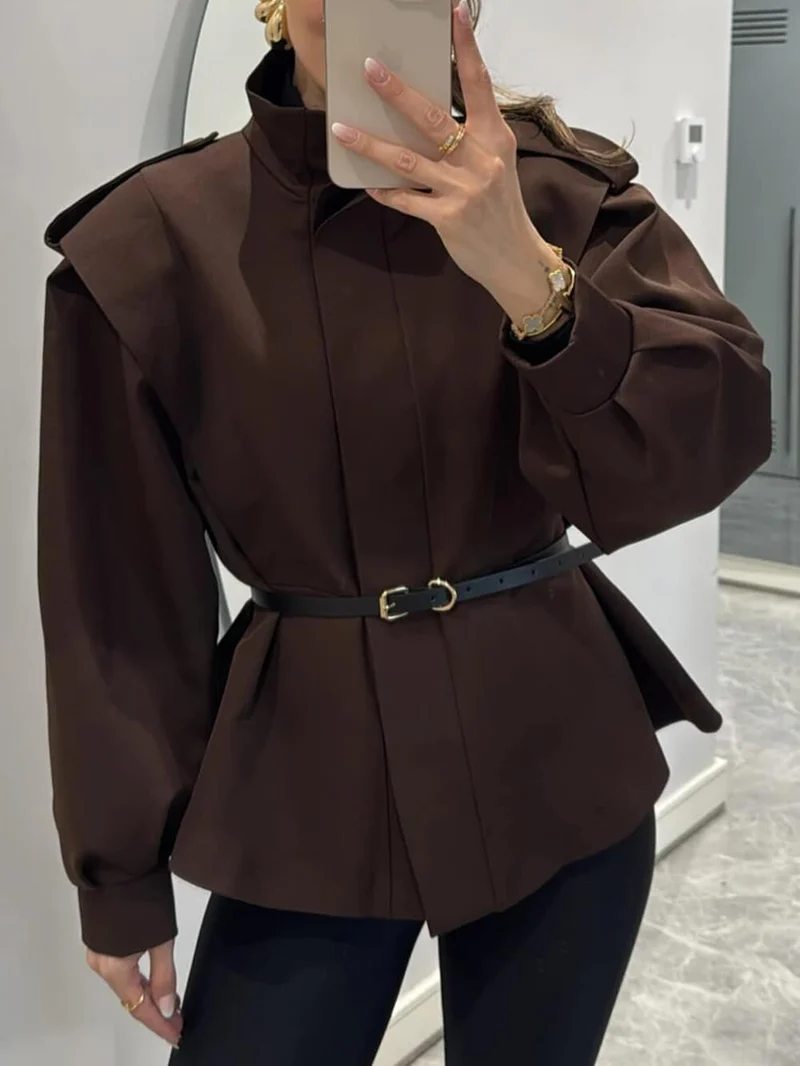 Modern Bold Stand Collar Button-Up Lantern Sleeve Loose Jacket