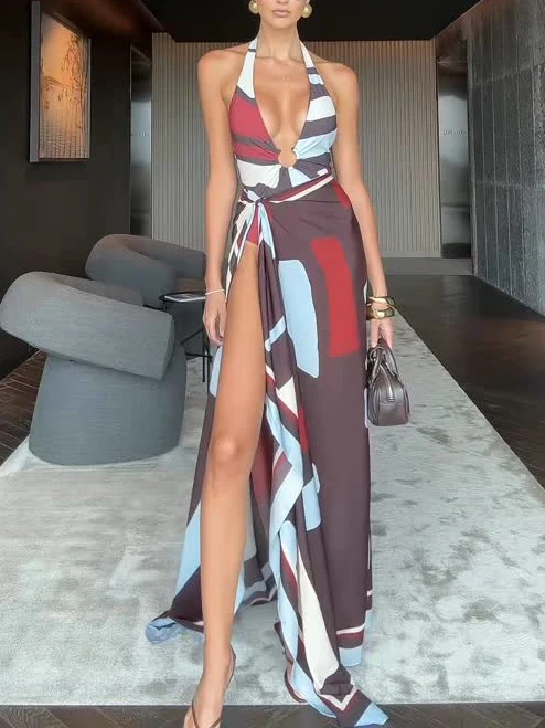 Sexy Holiday Silhouette Floral Print Two-piece Suit