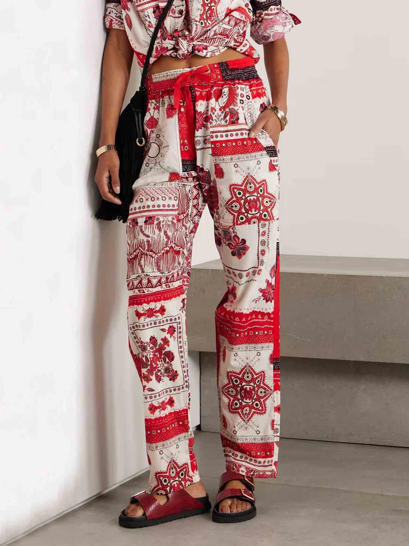 Casual Ethnic Floral Print Drawstring Wide-leg Pants