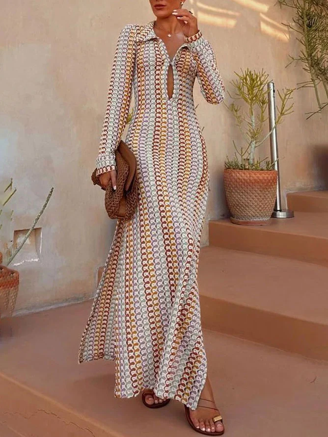 Casual Shirt Collar Slit Wave Stripe Crochet Holiday Maxi Dress