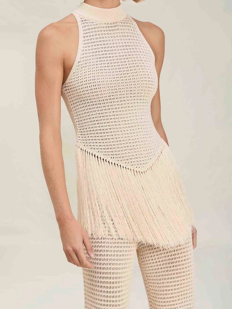Exquisite Stand Collar Knitted Fringe Top