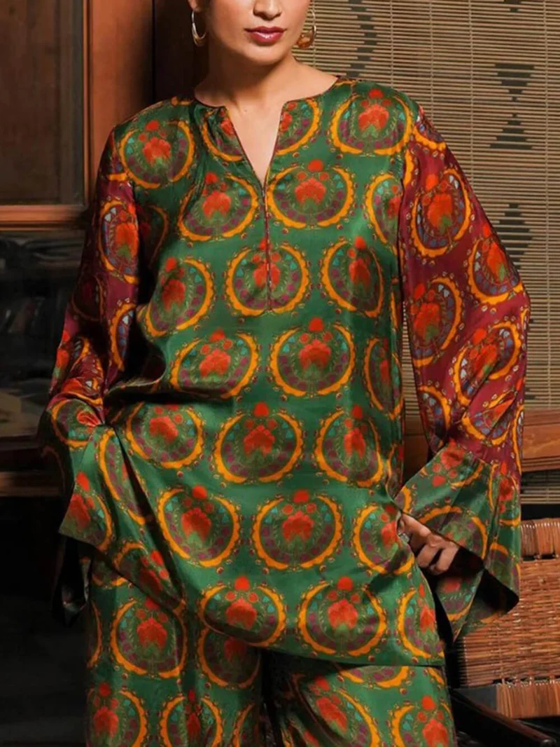 Unique Satin Bold Ethnic Print Loose Shirt