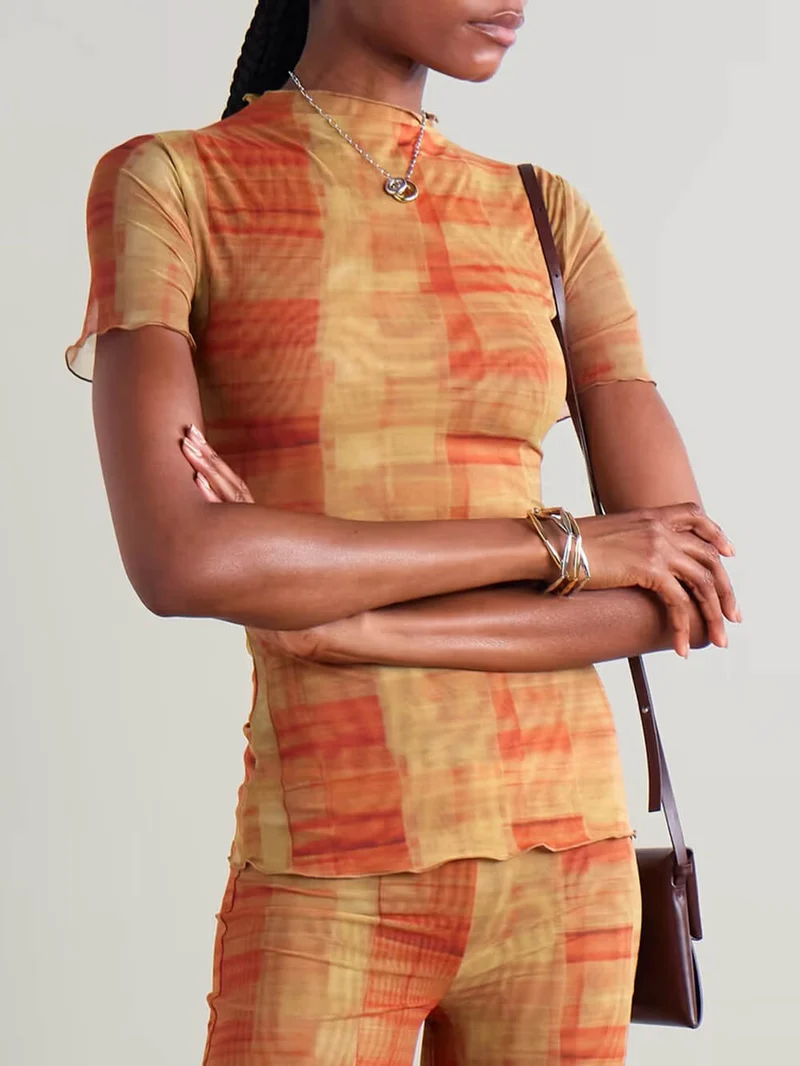Unique Ruched Plaid Print Stretch Mesh T-Shirt