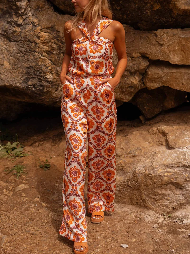 Unique Floral Print Off-Shoulder Cinched Waist Jumpsuit