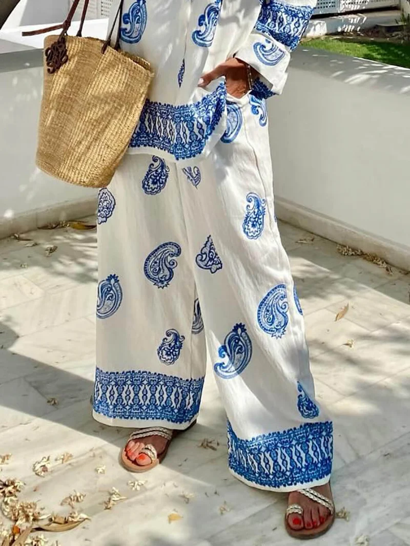 Unique Ethnic Pattern Print Loose Elastic Waist Pocket Wide-Leg Pants