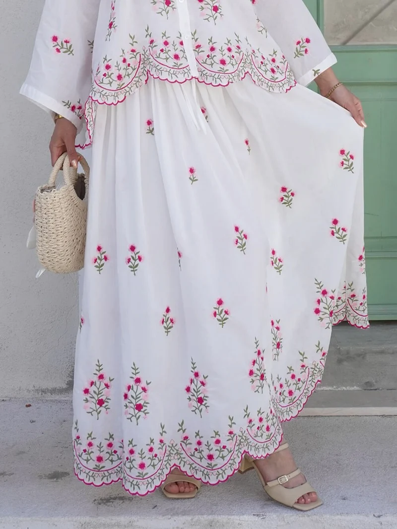 Delicate Floral Embroidered Ruffle With Elastic Waist Midi Skirt