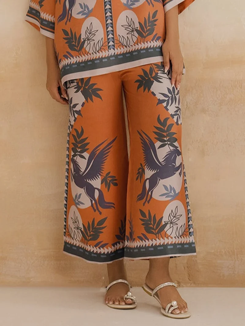 Retro Modern Floral Print Contrasting Stitching Elastic Waist Wide-Leg Pants