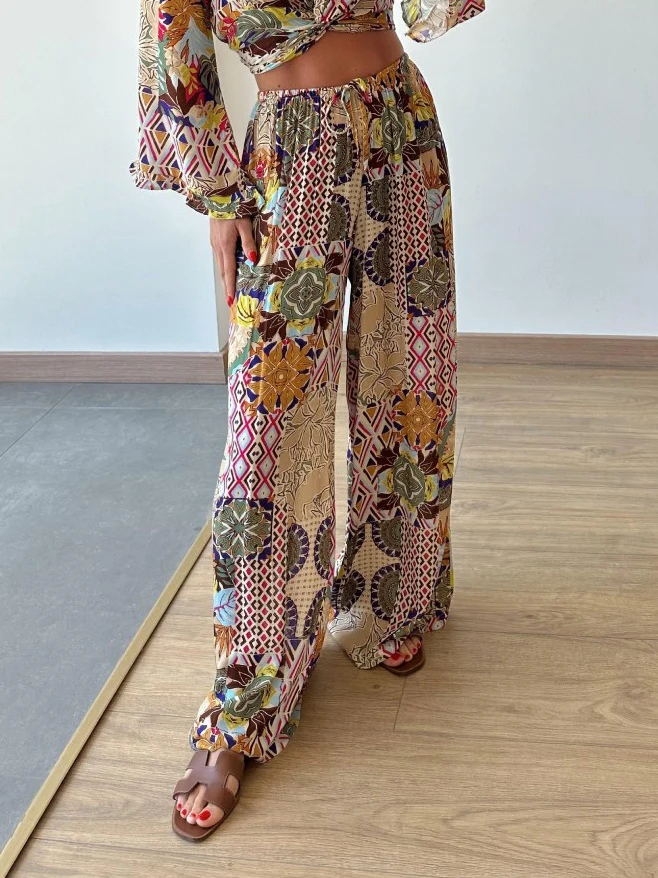 Retro Plant Print Short Wide-leg Pants