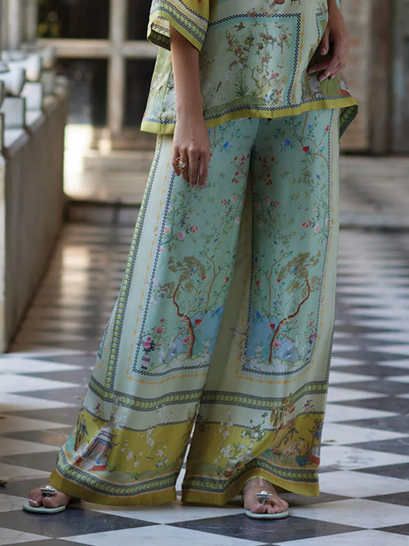 Casual Unique Digital Print Loose Elastic Waist Pocket Wide Leg Pants