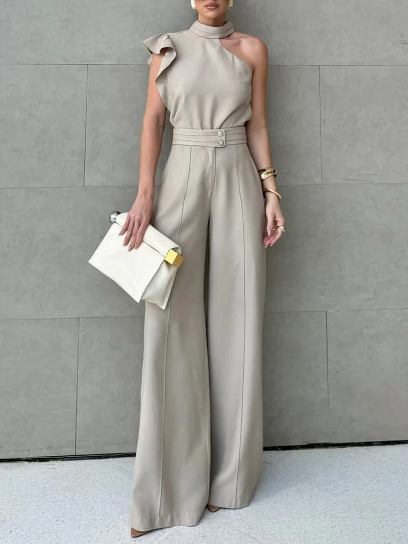 Casual Ruffle Sleeve Halter Top With Simple Solid Color Straight Pants Set