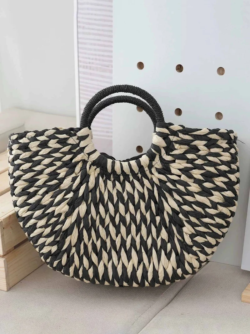 Casual Woven Mixed Color Half Circle Tote Bag